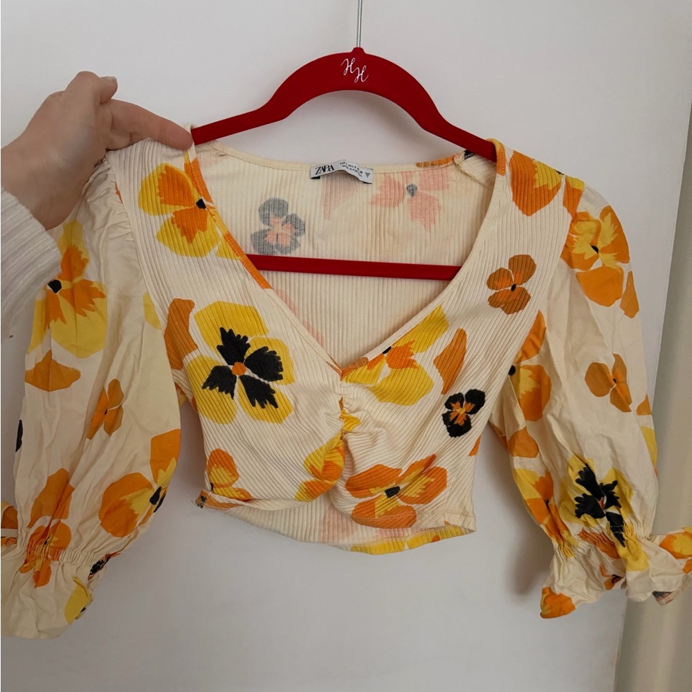Zara Orange and Black Floral Cropped Top